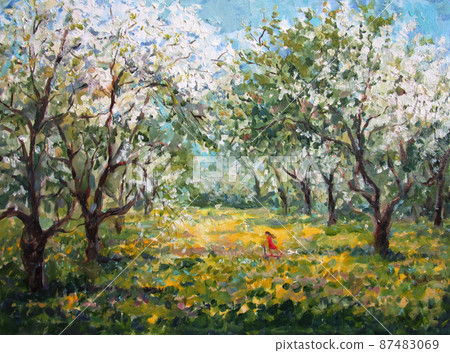 Blooming apple garden in spring, oil painting 87483069