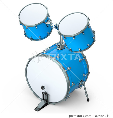 Set of realistic drums with pedal on white background. 3d render concept of musical instrument, drum machine. Set of realistic drums with pedal on white background. 3d render concept of musical instrument, drum machine. 87483210