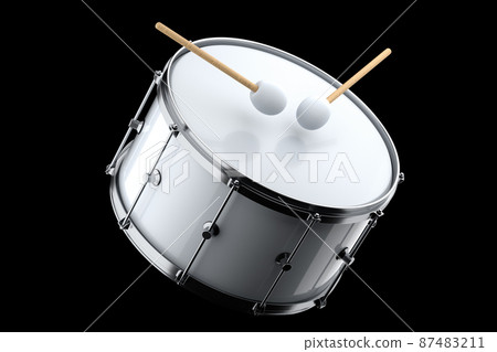 Realistic drum and wooden drum sticks on black background. 3d render concept of musical instrument, drum machine. 87483211