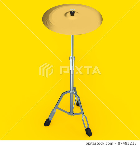 Metal cymbal on a stand on yellow background. 3d render concept of musical percussion instrument, drum machine. 87483215