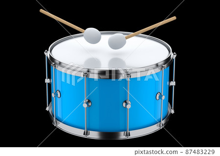 Realistic drum and wooden drum sticks on black background. 3d render concept of musical instrument, drum machine. Realistic drum and wooden drum sticks on black background. 3d render concept of musical instrument, drum machine. 87483229