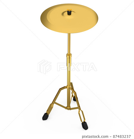 Metal cymbal on a stand on white background. 3d render concept of musical percussion instrument, drum machine. Metal cymbal on a stand on white background. 3d render concept of musical percussion instrument, drum machine. 87483237