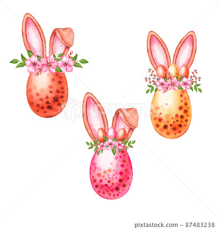Watercolor Easter bunny sushi eggs and flowers on a white background Watercolor Easter bunny sushi eggs and flowers on a white background 87483238