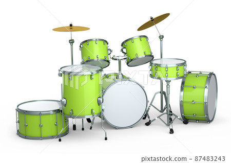 Set of realistic drums with metal cymbals on white background. 3d render concept of musical percussion instrument, drum machine and drumset 87483243