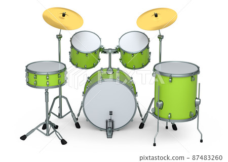 Set of realistic drums with metal cymbals on white background. 3d render concept of musical percussion instrument, drum machine and drumset Set of realistic drums with metal cymbals on white background. 3d render concept of musical percussion instrument, drum machine and drumset 87483260