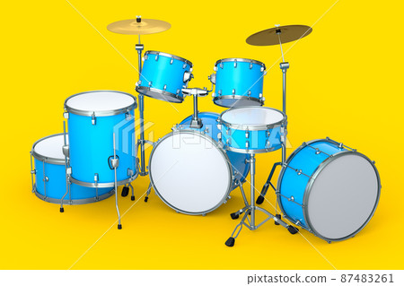 Set of realistic drums with metal cymbals on yellow background. 3d render concept of musical percussion instrument, drum machine and drumset Set of realistic drums with metal cymbals on yellow background. 3d render concept of musical percussion instrument, drum machine and drumset 87483261