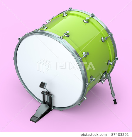 Realistic drum with pedal on pink background. 3d render concept of musical instrument, drum machine. Realistic drum with pedal on pink background. 3d render concept of musical instrument, drum machine. 87483291
