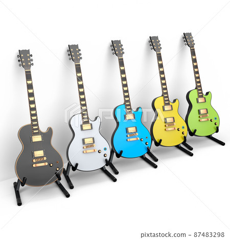 Set of electric acoustic guitar isolated on white background. 3d render of concept for rock festival poster with heavy metal guitar for music shop 87483298