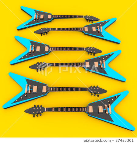 Set of electric acoustic guitar isolated on yellow background. 3d render of concept for rock festival poster with heavy metal guitar for music shop 87483301