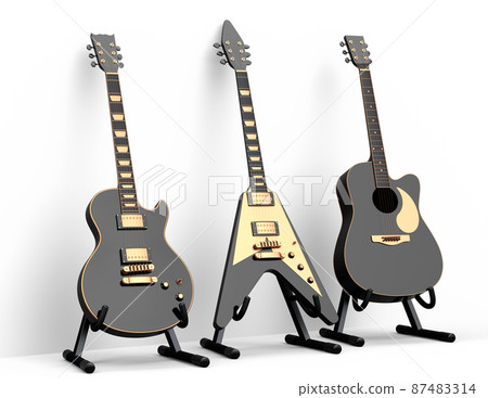 Set of electric acoustic guitar isolated on white background. 3d render of concept for rock festival poster with heavy metal guitar for music shop Set of electric acoustic guitar isolated on white background. 3d render of concept for rock festival poster with heavy metal guitar for music shop 87483314