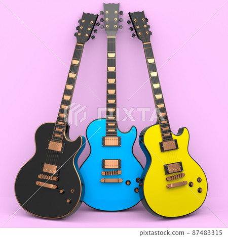 Set of electric acoustic guitar isolated on pinkbackground. 3d render of concept for rock festival poster with heavy metal guitar for music shop Set of electric acoustic guitar isolated on pinkbackground. 3d render of concept for rock festival poster with heavy metal guitar for music shop 87483315