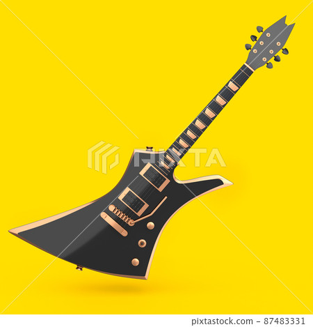 Electric acoustic guitar isolated on yellow background. 3d render of concept for rock festival poster with heavy metal guitar for music shop Electric acoustic guitar isolated on yellow background. 3d render of concept for rock festival poster with heavy metal guitar for music shop 87483331