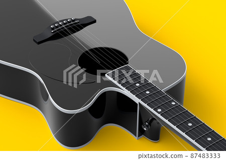 Close-up of acoustic guitar isolated on yellow background. 3d render of concept for rock festival poster with spanish guitar for music shop Close-up of acoustic guitar isolated on yellow background. 3d render of concept for rock festival poster with spanish guitar for music shop 87483333