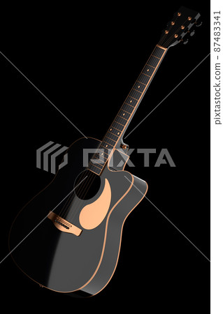 Close-up of acoustic guitar isolated on black background. 3d render of concept for rock festival poster with spanish guitar for music shop Close-up of acoustic guitar isolated on black background. 3d render of concept for rock festival poster with spanish guitar for music shop 87483341