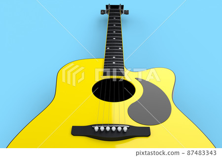 Close-up of acoustic guitar isolated on blue background. 3d render of concept for rock festival poster with spanish guitar for music shop Close-up of acoustic guitar isolated on blue background. 3d render of concept for rock festival poster with spanish guitar for music shop 87483343