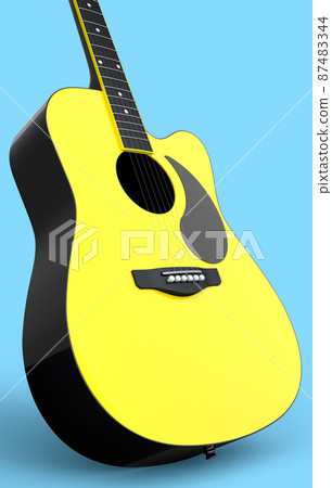 Close-up of acoustic guitar isolated on blue background. 3d render of concept for rock festival poster with spanish guitar for music shop 87483344