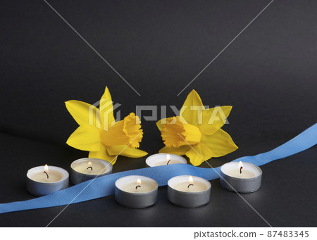 Pray for Ukraine. Burning candles, yellow flowers and blue ribbon. Stop war 2022. Pray for Ukraine. Burning candles, yellow flowers and blue ribbon. Stop war 2022. 87483345