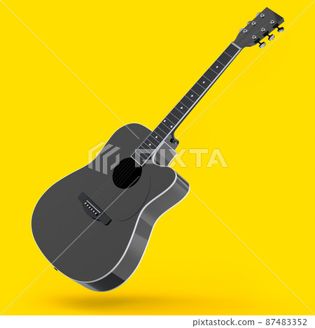 Electric acoustic guitar isolated on yellow background. 3d render of concept for rock festival poster with spanish guitar for music shop Electric acoustic guitar isolated on yellow background. 3d render of concept for rock festival poster with spanish guitar for music shop 87483352
