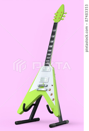 Electric acoustic guitar on stand isolated on pink background. 3d render of concept for rock festival poster with heavy metal guitar for music shop Electric acoustic guitar on stand isolated on pink background. 3d render of concept for rock festival poster with heavy metal guitar for music shop 87483353