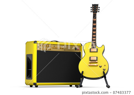 Classical amplifier with electric or acoustic guitar on stand isolated on white background. 3d render of amplifier for recording bass guitar in studio or rehearsal room, concept for rock festival 87483377