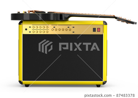 Classical amplifier with electric or acoustic guitar isolated on white background. 3d render of amplifier for recording bass guitar in studio or rehearsal room, concept for rock festival poste 87483378