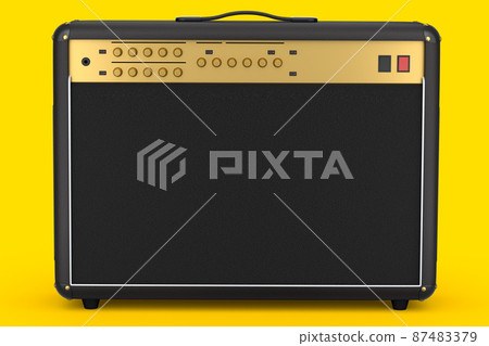 Classical electric and acoustic guitar amplifier isolated on yellow background. 3d render of amplifier for recording bass guitar in studio or rehearsal room 87483379