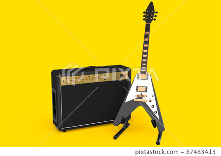 Classical amplifier with electric or acoustic guitar on stand isolated on yellow background. 3d render of amplifier for recording bass guitar in studio or rehearsal room Classical amplifier with electric or acoustic guitar on stand isolated on yellow background. 3d render of amplifier for recording bass guitar in studio or rehearsal room 87483413