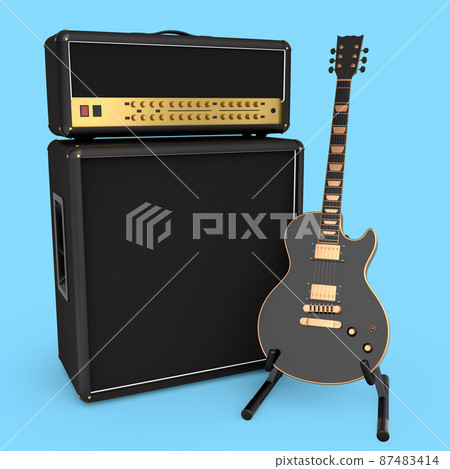 Classical amplifier with electric or acoustic guitar on stand isolated on blue background. 3d render of amplifier for recording bass guitar in studio or rehearsal room, concept for rock festival poste Classical amplifier with electric or acoustic guitar on stand isolated on blue background. 3d render of amplifier for recording bass guitar in studio or rehearsal room, concept for rock festival poste 87483414