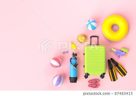 Colorful suitcase or baggage with beach accessories on pink background. 3D render of summer vacation concept and holidays Colorful suitcase or baggage with beach accessories on pink background. 3D render of summer vacation concept and holidays 87483415