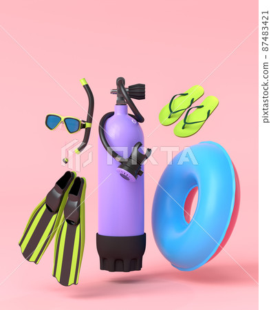 Colorful scuba stuff and beach accessories like umbrella, flip flops and inflatable ring on pink background. 3D render of summer vacation concept and holidays 87483421