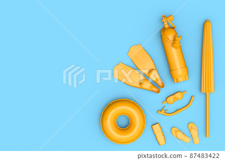 Colorful scuba stuff and beach accessories like umbrella, flip flops and inflatable ring on monochrome blue background. 3D render of summer vacation concept and holidays Colorful scuba stuff and beach accessories like umbrella, flip flops and inflatable ring on monochrome blue background. 3D render of summer vacation concept and holidays 87483422