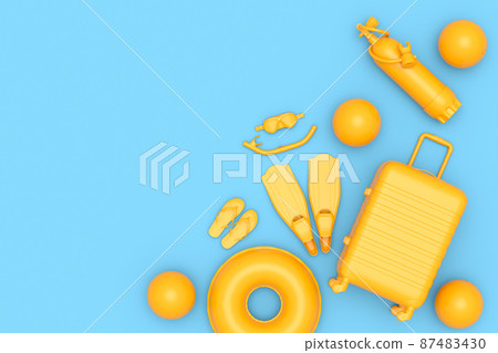 Colorful suitcase or baggage with beach accessories like scuba, ball, diving tank and goggles on monochrome blue background. 3D render of summer vacation concept and holidays Colorful suitcase or baggage with beach accessories like scuba, ball, diving tank and goggles on monochrome blue background. 3D render of summer vacation concept and holidays 87483430