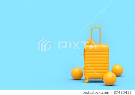 Suitcase with beach ball and flip flops on monochrome blue background. 3D render of summer vacation concept and holidays Suitcase with beach ball and flip flops on monochrome blue background. 3D render of summer vacation concept and holidays 87483431