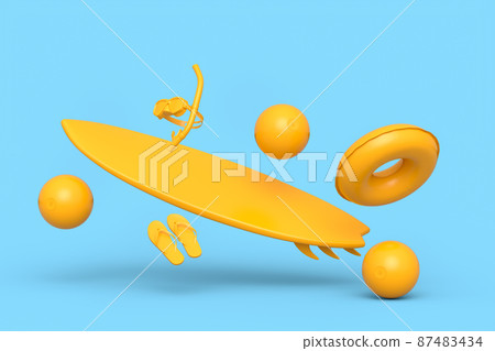 Colorful surfboard, beach ball and scuba mask on monochrome blue background. 3D render of summer vacation concept and holidays Colorful surfboard, beach ball and scuba mask on monochrome blue background. 3D render of summer vacation concept and holidays 87483434