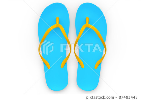 Beach blue flip-flops or sandals isolated on white background. 3d render concept of summer family vacation 87483445