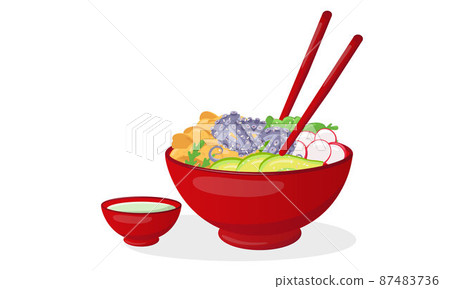 Octopus poke bowl illustration Hawaiian cuisine with sauce boat and chopsticks. Vector stock illustration isolated on white background for fast food restaurant with healthy, bio, organic meals. EPS10 87483736