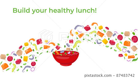 Build your healthy lunch - flying poke bowl ingredients with text. Natural food diet concept. Vector stock illustration for banner, menu fast food restaurant, isolated on white background. EPS10 Build your healthy lunch - flying poke bowl ingredients with text. Natural food diet concept. Vector stock illustration for banner, menu fast food restaurant, isolated on white background. EPS10 87483742