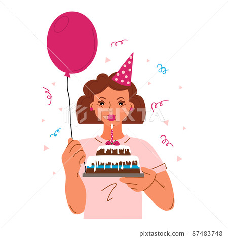 Young beautiful woman in a hat and with a cake blows out a candle. Birthday celebration. Postcard. Vector cartoon illustration. 87483748