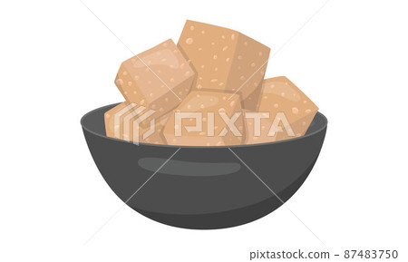 Tofu, vegan bio soy cheese in black bowl. Vector stock illustration isolated on white background for packaging design, cookbook, recipe book. EPS10 87483750