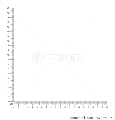 20 cm corner ruler template. Measuring tool with vertical and horizontal lines with centimeters and millimeters markup and numbers. Vector outline illustration 87483786