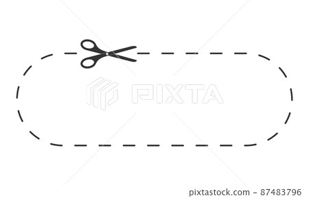 Scissors icon cutting rectangle shape with dotted line. Cut here template for paper discount coupon, voucher, promo code Scissors icon cutting rectangle shape with dotted line. Cut here template for paper discount coupon, voucher, promo code 87483796