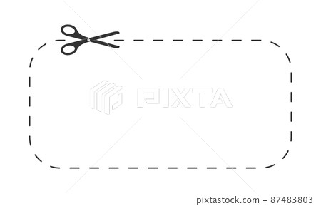 Scissors icon cutting rectangle shape with dotted line. Cut here pictogram for paper discount coupon, voucher, promo code. Graphic vector illustration 87483803