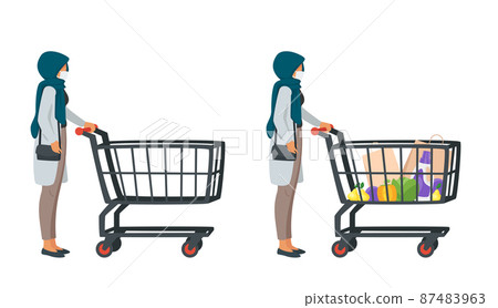 woman with shopping cart full of products 87483963