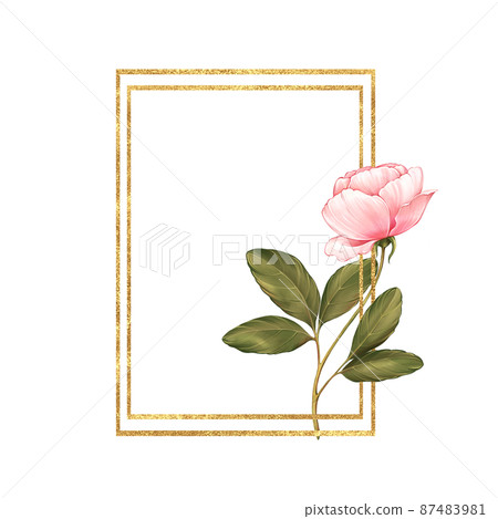 Gold frame with rose pink flower for greeting card. Gold frame with rose pink flower for greeting card. 87483981