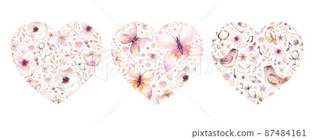 Collection cute birds in vintage watercolor style. spring illustration with colorful flowers on branches tree. 87484161