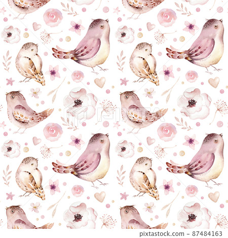 Watercolor seamless pattern birds, flower, feather, butterfly, blossom flolar style. spring illustration with colorful flowers on branches tree. 87484163