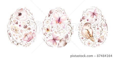 Collection cute birds in vintage watercolor style. spring illustration with colorful flowers on branches tree. 87484164