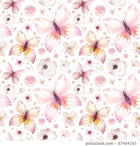 Watercolor seamless pattern birds, flower, feather, butterfly, blossom flolar style. spring illustration with colorful flowers on branches tree. Watercolor seamless pattern birds, flower, feather, butterfly, blossom flolar style. spring illustration with colorful flowers on branches tree. 87484165