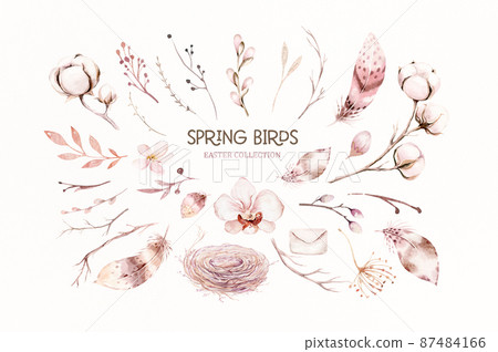 Collection cute birds in vintage watercolor style. spring illustration with colorful flowers on branches tree. Collection cute birds in vintage watercolor style. spring illustration with colorful flowers on branches tree. 87484166