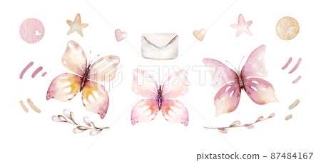 Collection cute birds in vintage watercolor style. spring illustration with colorful flowers on branches tree. Collection cute birds in vintage watercolor style. spring illustration with colorful flowers on branches tree. 87484167